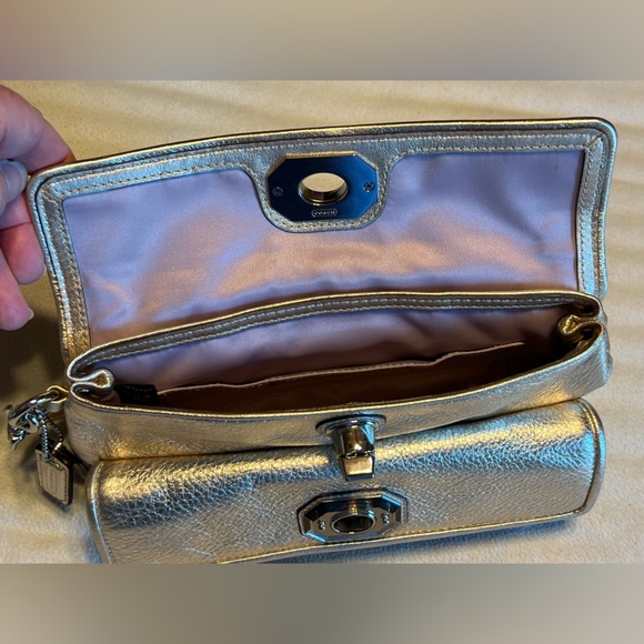 COACH Metallic Gold Leather Wristlet Clutch With Two Turn Lock Compartme… - Picture 8 of 13